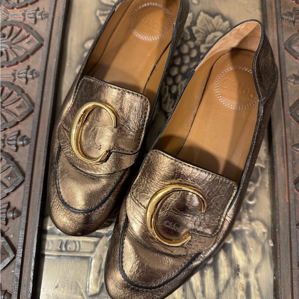 Chloé Metallic Bronze Loafers with Gold Accent